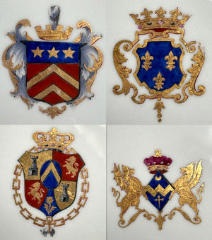 RARE Antique French 9.5" Plate Set, 6 Hand Painted Royal Crests and Heavy Silver Encrustation