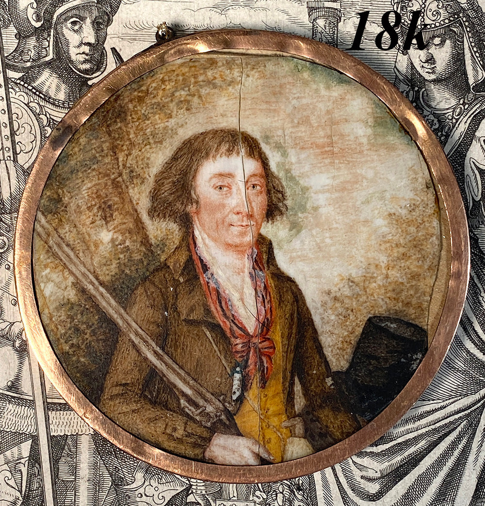 RARE Antique 18th Century French Portrait Miniature in 18k Gold Frame, Hunter or Soldier with Musket or Flintlock