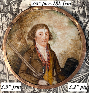 RARE Antique 18th Century French Portrait Miniature in 18k Gold Frame, Hunter or Soldier with Musket or Flintlock