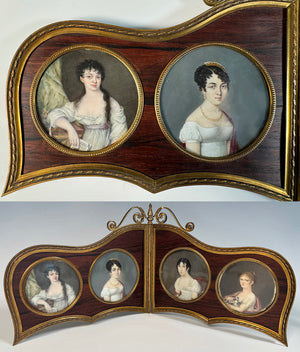 Rare 15" French Dore Bronze Frame with 4 Stunning Portrait Miniature Paintings, c.1800-1820, Tiara
