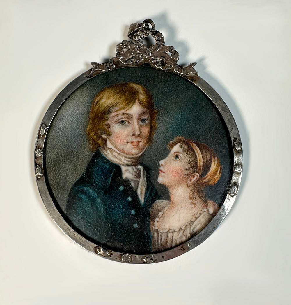 Antique Hand Painted c.1820s Swiss Portrait Miniature in Silver Bowtop Frame, Boy and Girl Children