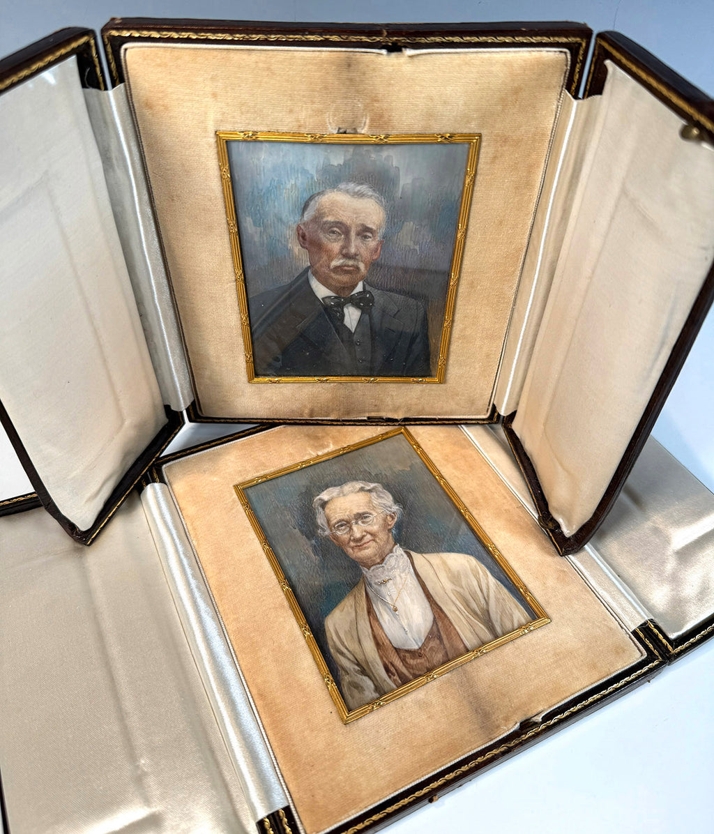 Pair Antique Edwardian Era Portrait Miniatures Encased in Fine Leather Frames, Man and Wife