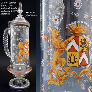 Antique Bohemian Enameled Glass 14.75" Claret Jug, Crown Topped Armorial Style Crest with Dog & Lion
