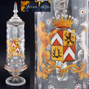 Antique Bohemian Enameled Glass 14.75" Claret Jug, Crown Topped Armorial Style Crest with Dog & Lion