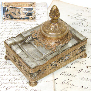 Gorgeous Antique French Empire Revival Inkwell, Gilt Bronze & Thick Wheel Cut Glass, Eagle & Horse Figures