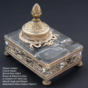 Gorgeous Antique French Empire Revival Inkwell, Gilt Bronze & Thick Wheel Cut Glass, Eagle & Horse Figures