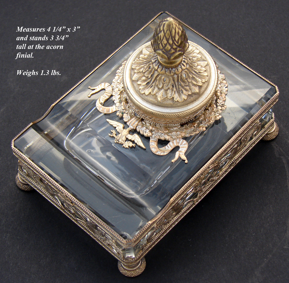 Gorgeous Antique French Empire Revival Inkwell, Gilt Bronze & Thick Wheel Cut Glass, Eagle & Horse Figures