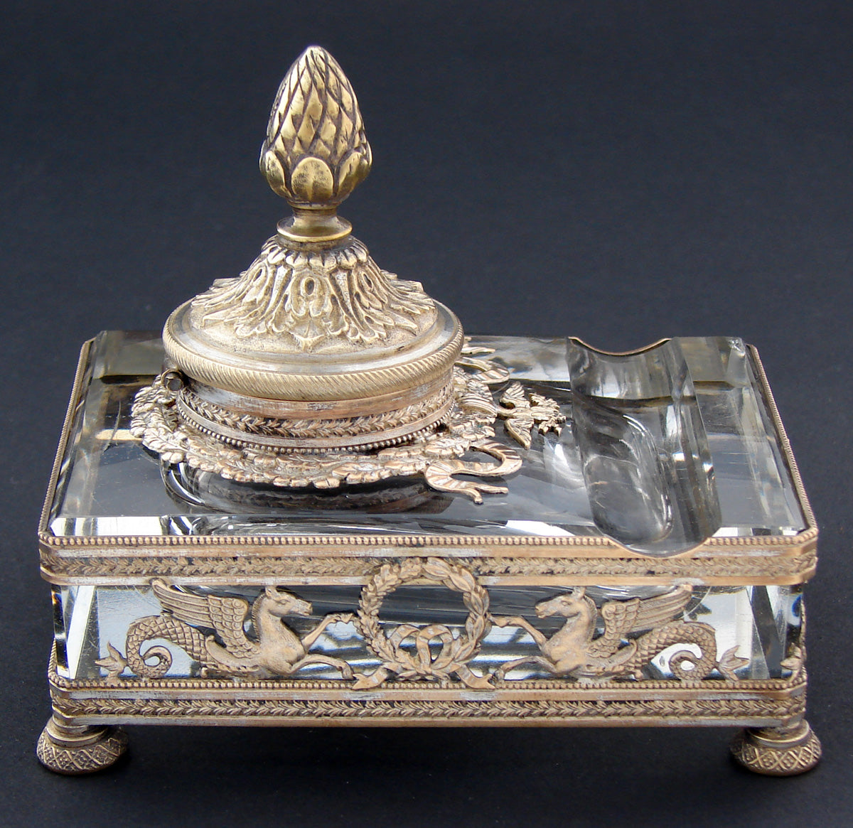 Gorgeous Antique French Empire Revival Inkwell, Gilt Bronze & Thick Wheel Cut Glass, Eagle & Horse Figures