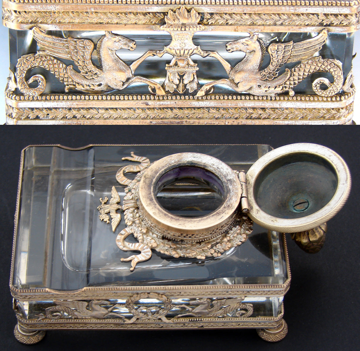 Gorgeous Antique French Empire Revival Inkwell, Gilt Bronze & Thick Wheel Cut Glass, Eagle & Horse Figures