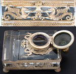 Gorgeous Antique French Empire Revival Inkwell, Gilt Bronze & Thick Wheel Cut Glass, Eagle & Horse Figures