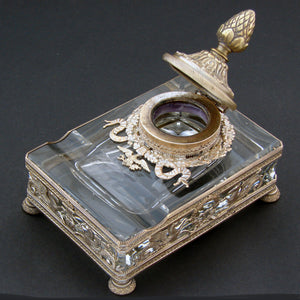 Gorgeous Antique French Empire Revival Inkwell, Gilt Bronze & Thick Wheel Cut Glass, Eagle & Horse Figures