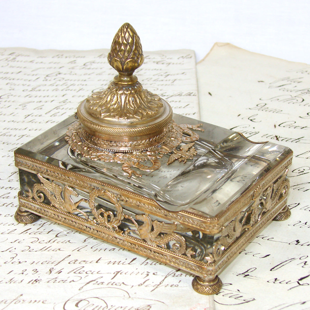 Gorgeous Antique French Empire Revival Inkwell, Gilt Bronze & Thick Wheel Cut Glass, Eagle & Horse Figures