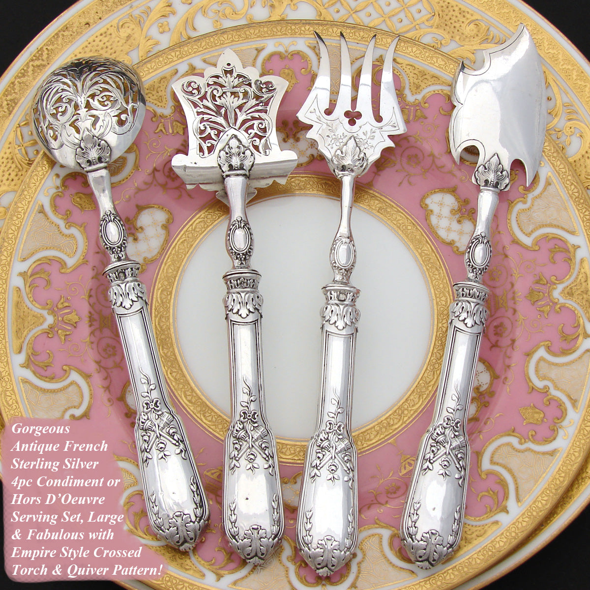 Antique French Sterling Silver 4pc Condiment or Hors D'Oeuvre Set, Empire Revival Crossed Torch & Quiver