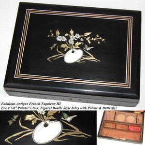 Rare Antique French Napoleon III Era Painter or Artist's Box, Boulle Style Inlay with Palette & Butterfly