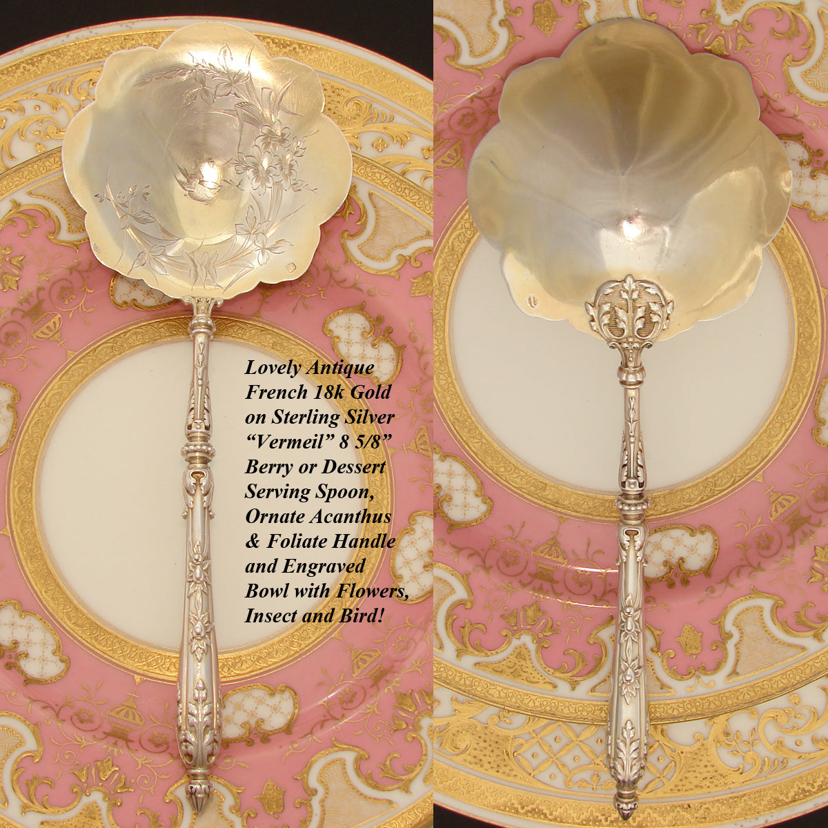 Antique French 18k Gold on Sterling Silver Vermeil 8.5" Berry or Dessert Serving Spoon, Figural Insect & Bird