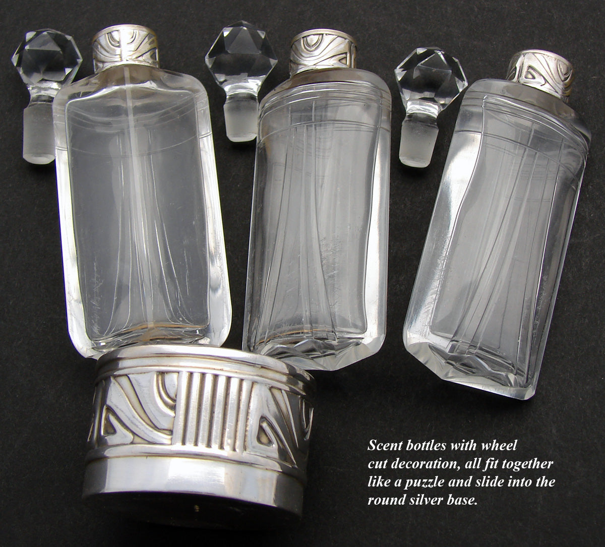 Antique Continental .800 Silver Triple Scent Caddy, 3 Perfume Bottles, Art Deco Style