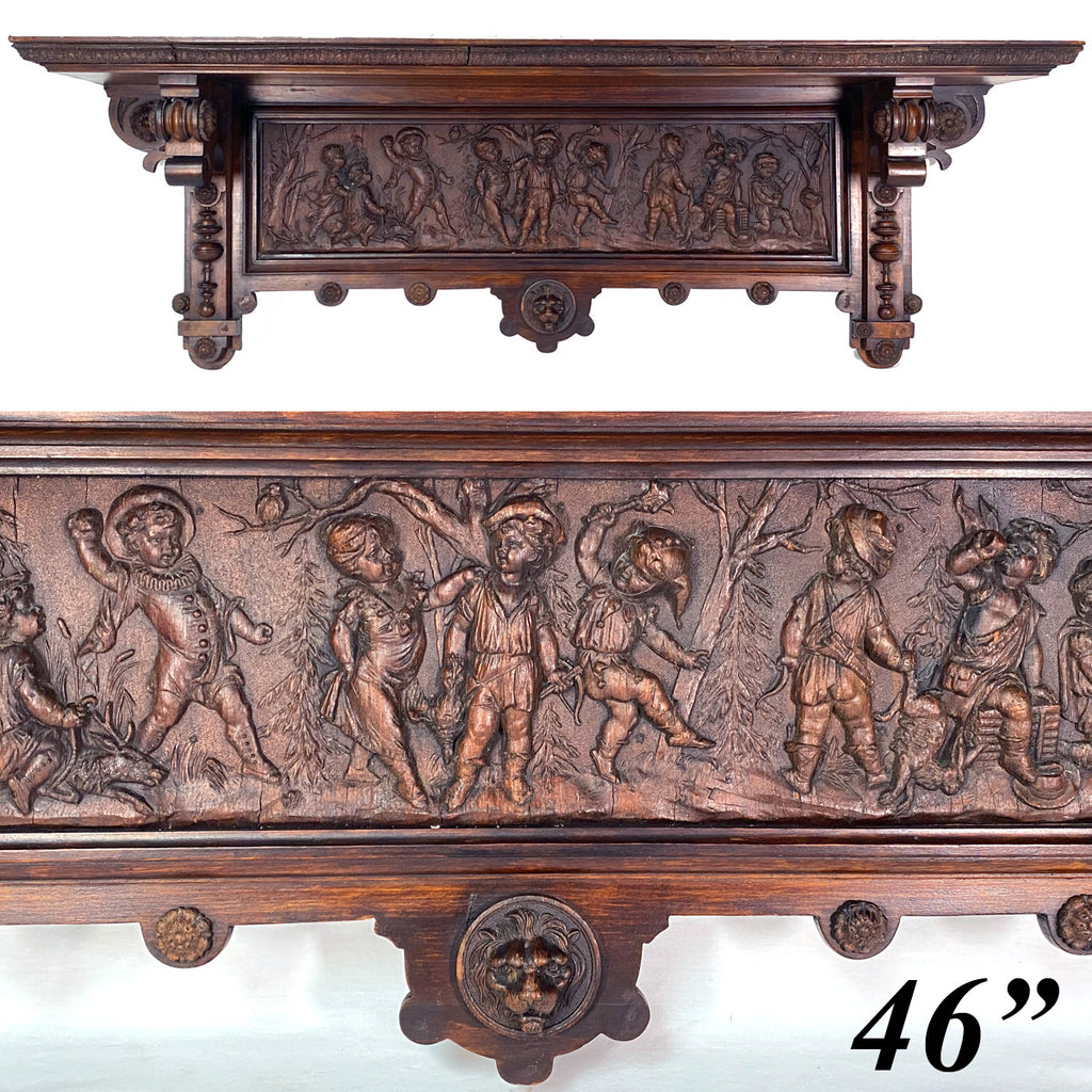 Stunning Hand Carved Antique 46" Bracket Shelf, c.1850s French Figural Masterpiece Furniture