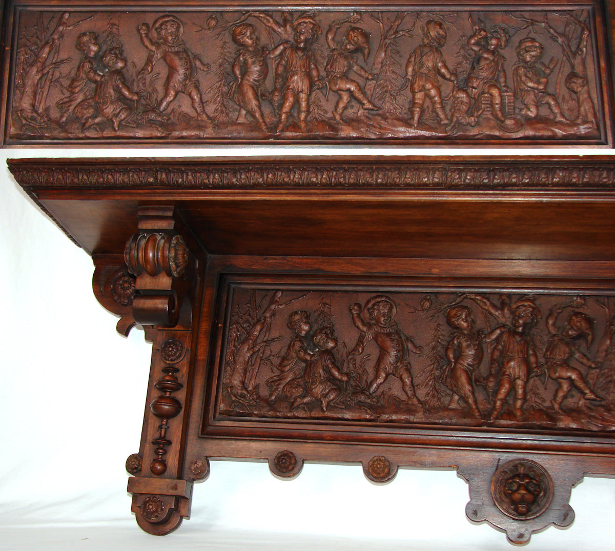 Stunning Hand Carved Antique 46" Bracket Shelf, c.1850s French Figural Masterpiece Furniture