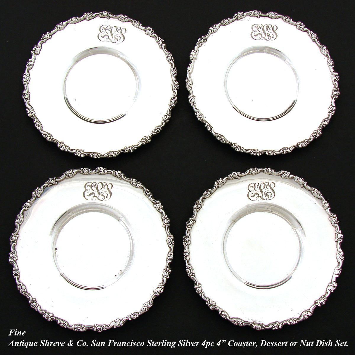 Antique Shreve & Co. San Francisco Sterling Silver 4pc 4" Coaster, Dessert or Nut Dish Set