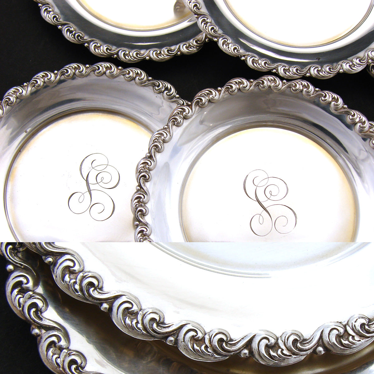 Set of 6 Antique Shreve & Co. San Francisco 3" Nut or Candy Dishes, Ornate Scrolled Borders
