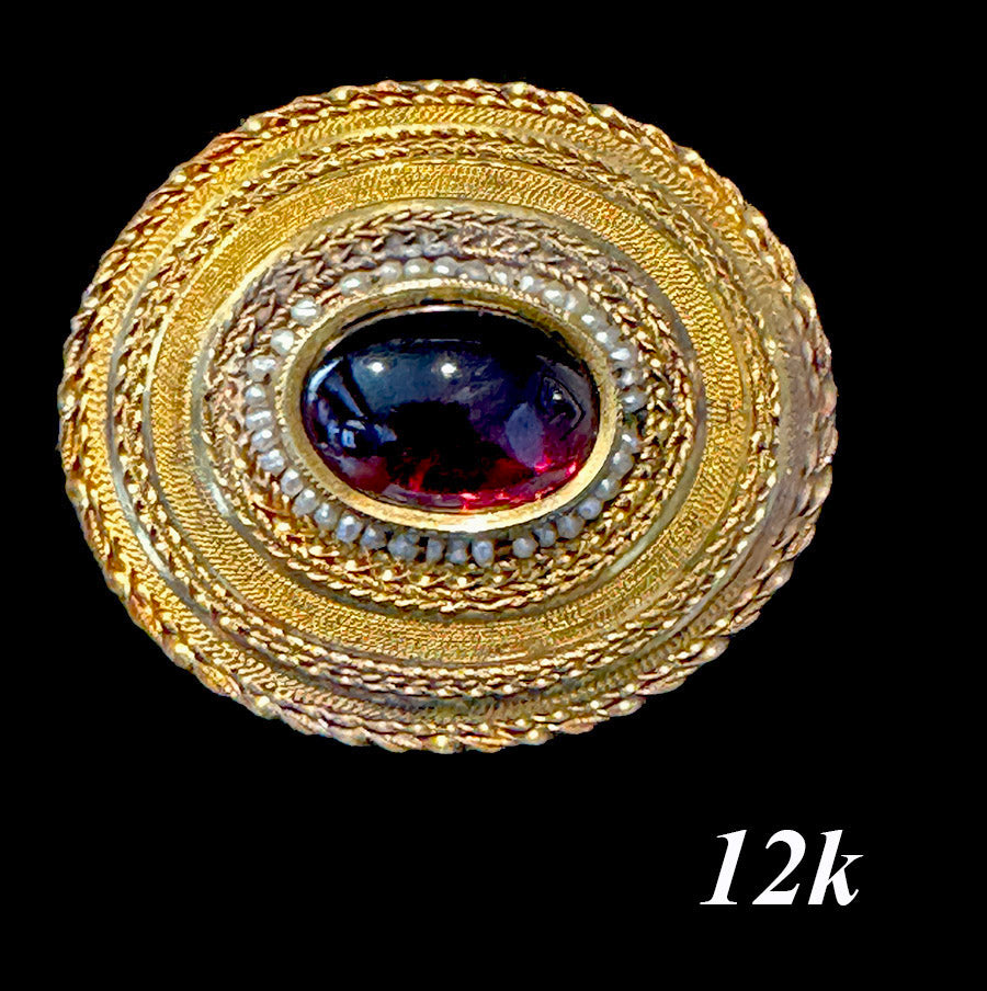 Antique Victorian Era 12k Gold Etruscan Revival Brooch, Large Garnet Cabochon and Seed Pearls