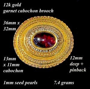 Antique Victorian Era 12k Gold Etruscan Revival Brooch, Large Garnet Cabochon and Seed Pearls