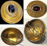 Antique Victorian Era 12k Gold Etruscan Revival Brooch, Large Garnet Cabochon and Seed Pearls