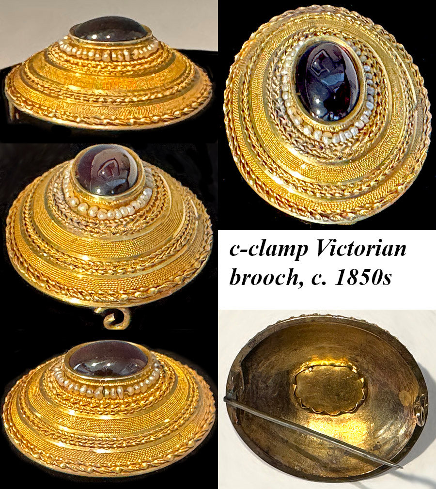 Antique Victorian Era 12k Gold Etruscan Revival Brooch, Large Garnet Cabochon and Seed Pearls