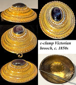 Antique Victorian Era 12k Gold Etruscan Revival Brooch, Large Garnet Cabochon and Seed Pearls