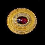 Antique Victorian Era 12k Gold Etruscan Revival Brooch, Large Garnet Cabochon and Seed Pearls