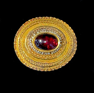 Antique Victorian Era 12k Gold Etruscan Revival Brooch, Large Garnet Cabochon and Seed Pearls