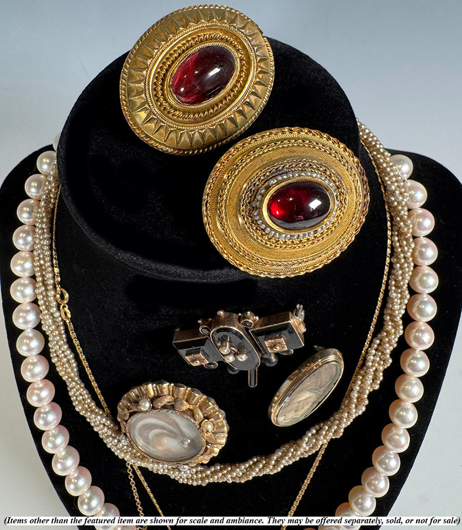 Antique Victorian Era 12k Gold Etruscan Revival Brooch, Large Garnet Cabochon and Seed Pearls