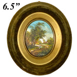 Antique Miniature Oil Painting on Copper, Country Home Scene in Oval Velvet Frame