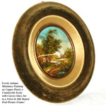 Antique Miniature Oil Painting on Copper, Country Home Scene in Oval Velvet Frame