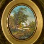 Antique Miniature Oil Painting on Copper, Country Home Scene in Oval Velvet Frame