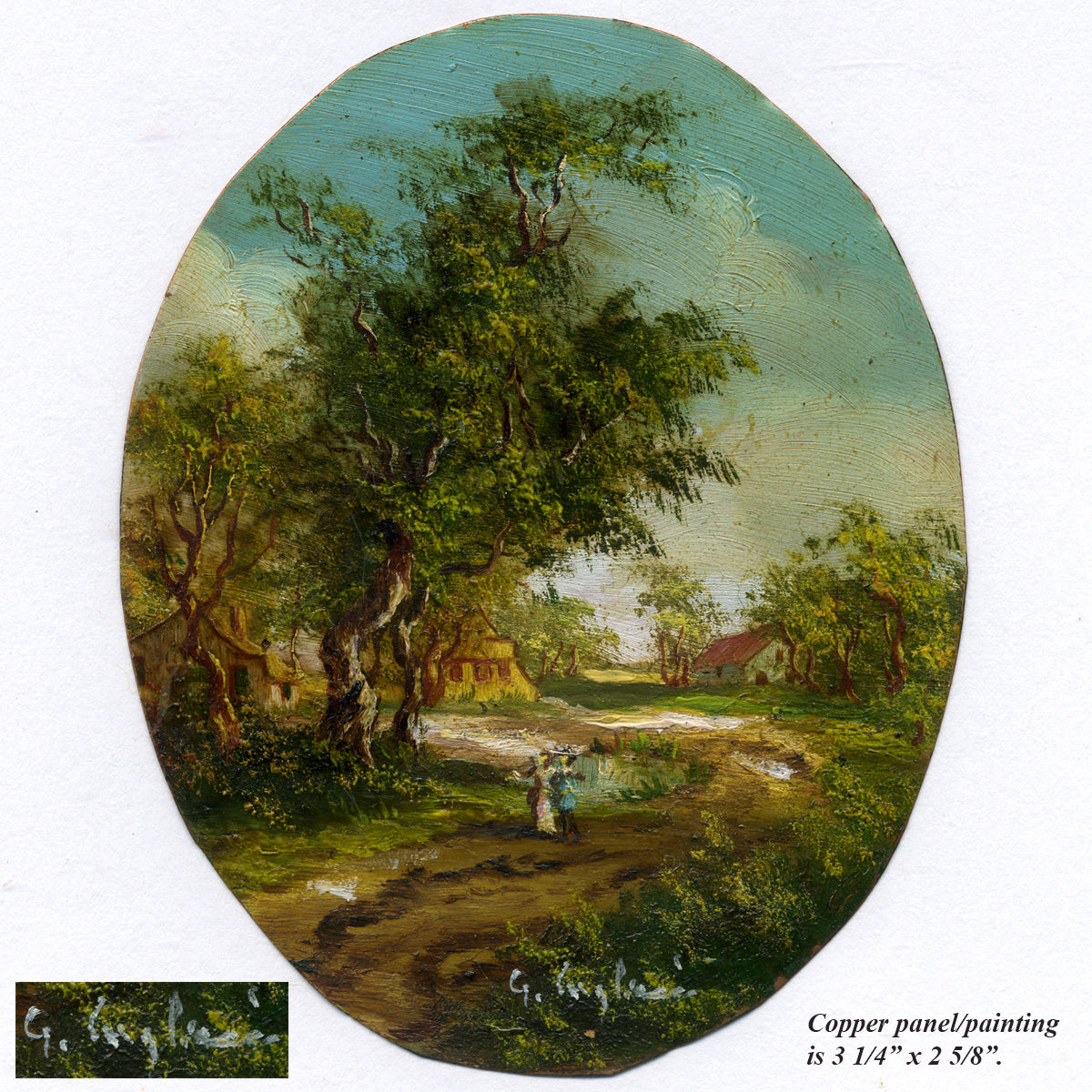 Antique Miniature Oil Painting on Copper, Country Home Scene in Oval Velvet Frame