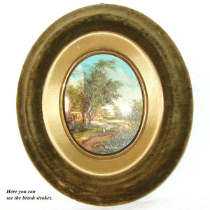 Antique Miniature Oil Painting on Copper, Country Home Scene in Oval Velvet Frame