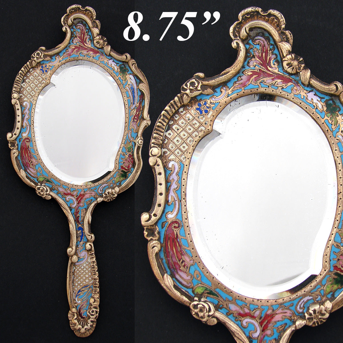 Lovely Antique French Champleve Enamel & Bronze 8.75" Vanity or Hand Mirror, Louis XIV or Rococo Style