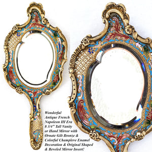 Lovely Antique French Champleve Enamel & Bronze 8.75" Vanity or Hand Mirror, Louis XIV or Rococo Style