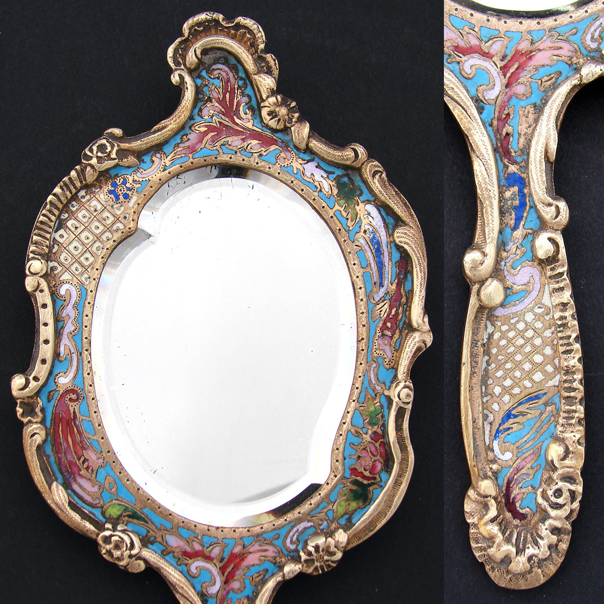 Lovely Antique French Champleve Enamel & Bronze 8.75" Vanity or Hand Mirror, Louis XIV or Rococo Style