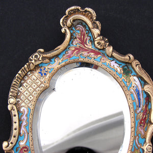 Lovely Antique French Champleve Enamel & Bronze 8.75" Vanity or Hand Mirror, Louis XIV or Rococo Style