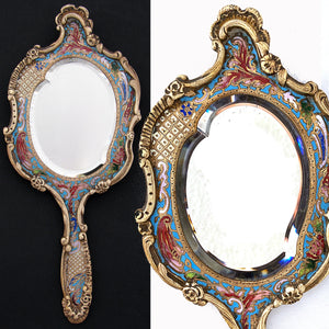 Lovely Antique French Champleve Enamel & Bronze 8.75" Vanity or Hand Mirror, Louis XIV or Rococo Style