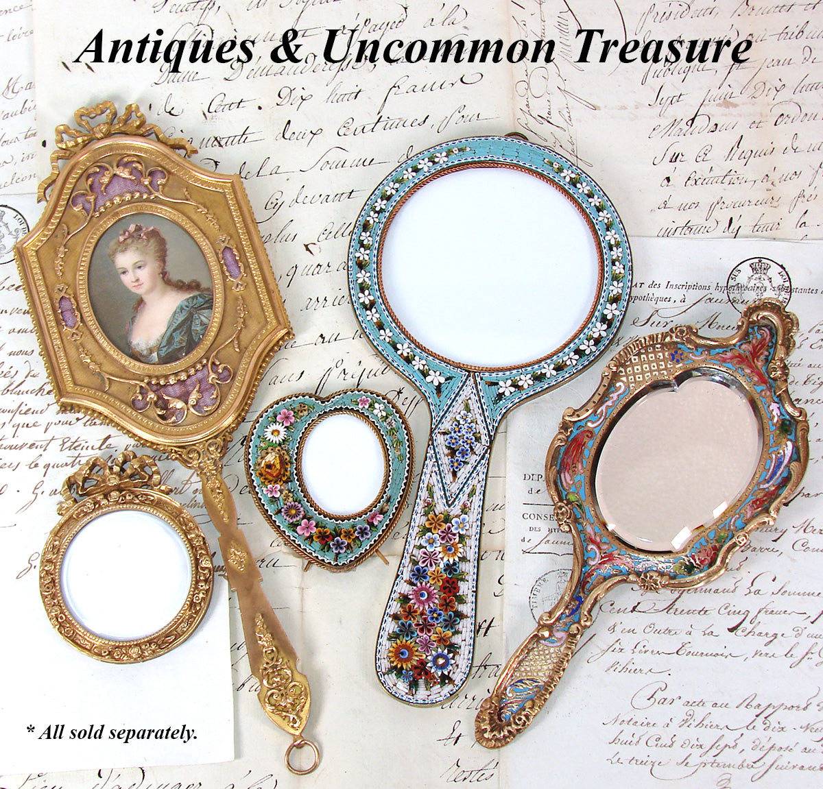 Lovely Antique French Champleve Enamel & Bronze 8.75" Vanity or Hand Mirror, Louis XIV or Rococo Style