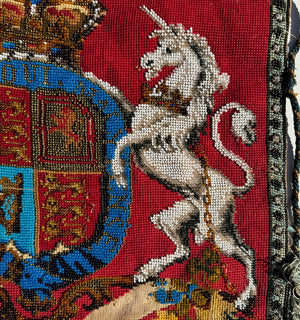 Antique English Victorian Beadwork Needlepoint Royal Crest Fire Screen Panel, Lion, Unicorn