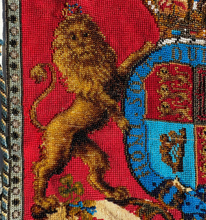 Antique English Victorian Beadwork Needlepoint Royal Crest Fire Screen Panel, Lion, Unicorn