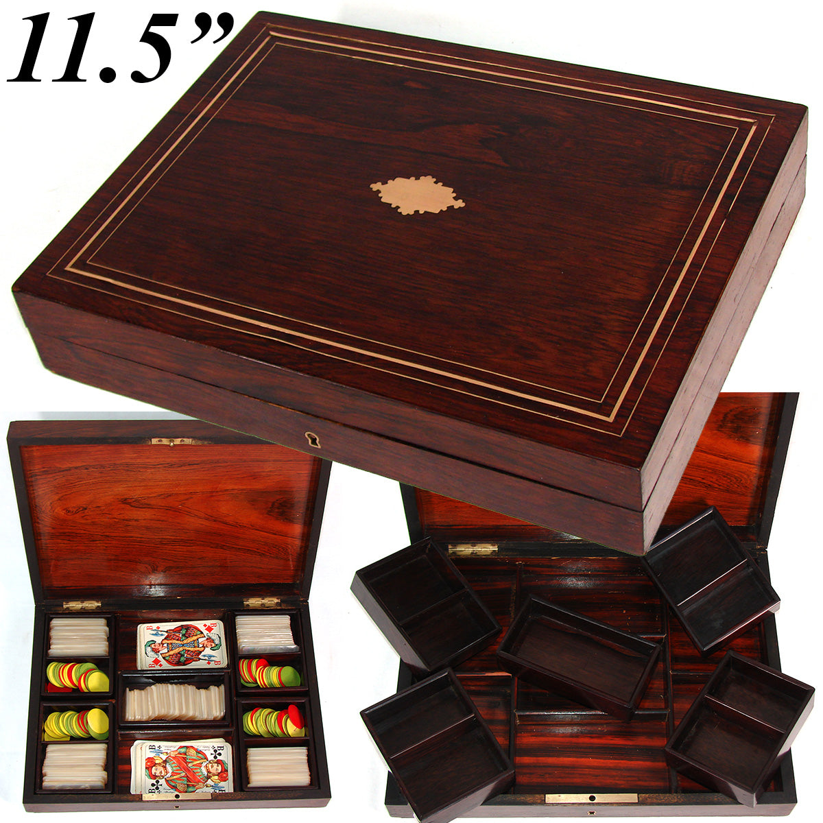 Antique French Napoleon III Gaming or Card Playing Box, c.1890, Mother of Pearl Chips or Tokens