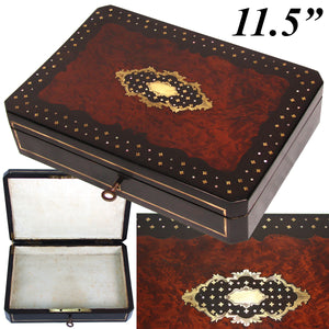 Antique French Napoleon III Boulle Style 11.5" Jewelry or Desk Box, Mother of Pearl & Brass Inlay