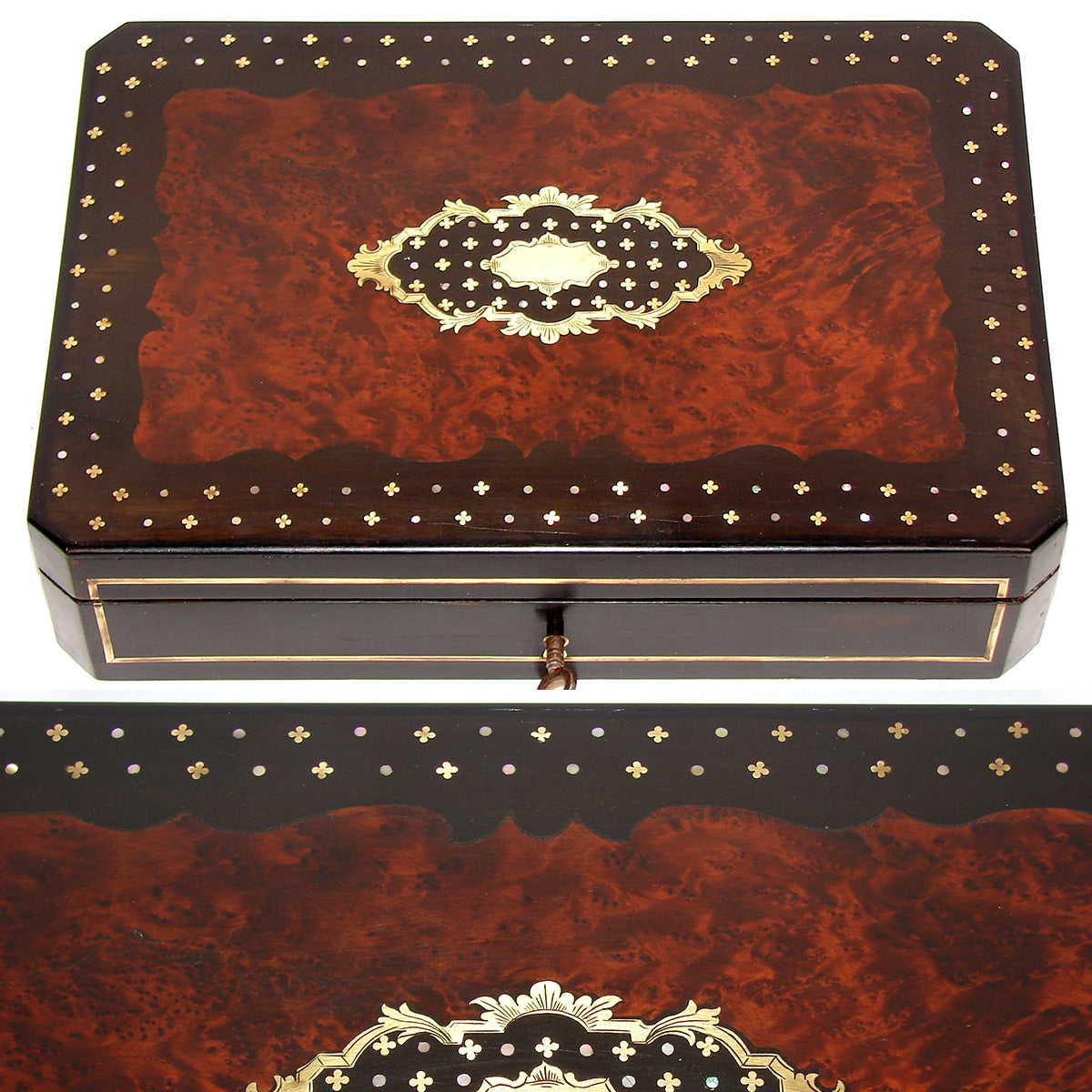 Antique French Napoleon III Boulle Style 11.5" Jewelry or Desk Box, Mother of Pearl & Brass Inlay