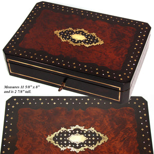 Antique French Napoleon III Boulle Style 11.5" Jewelry or Desk Box, Mother of Pearl & Brass Inlay