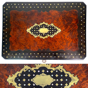 Antique French Napoleon III Boulle Style 11.5" Jewelry or Desk Box, Mother of Pearl & Brass Inlay